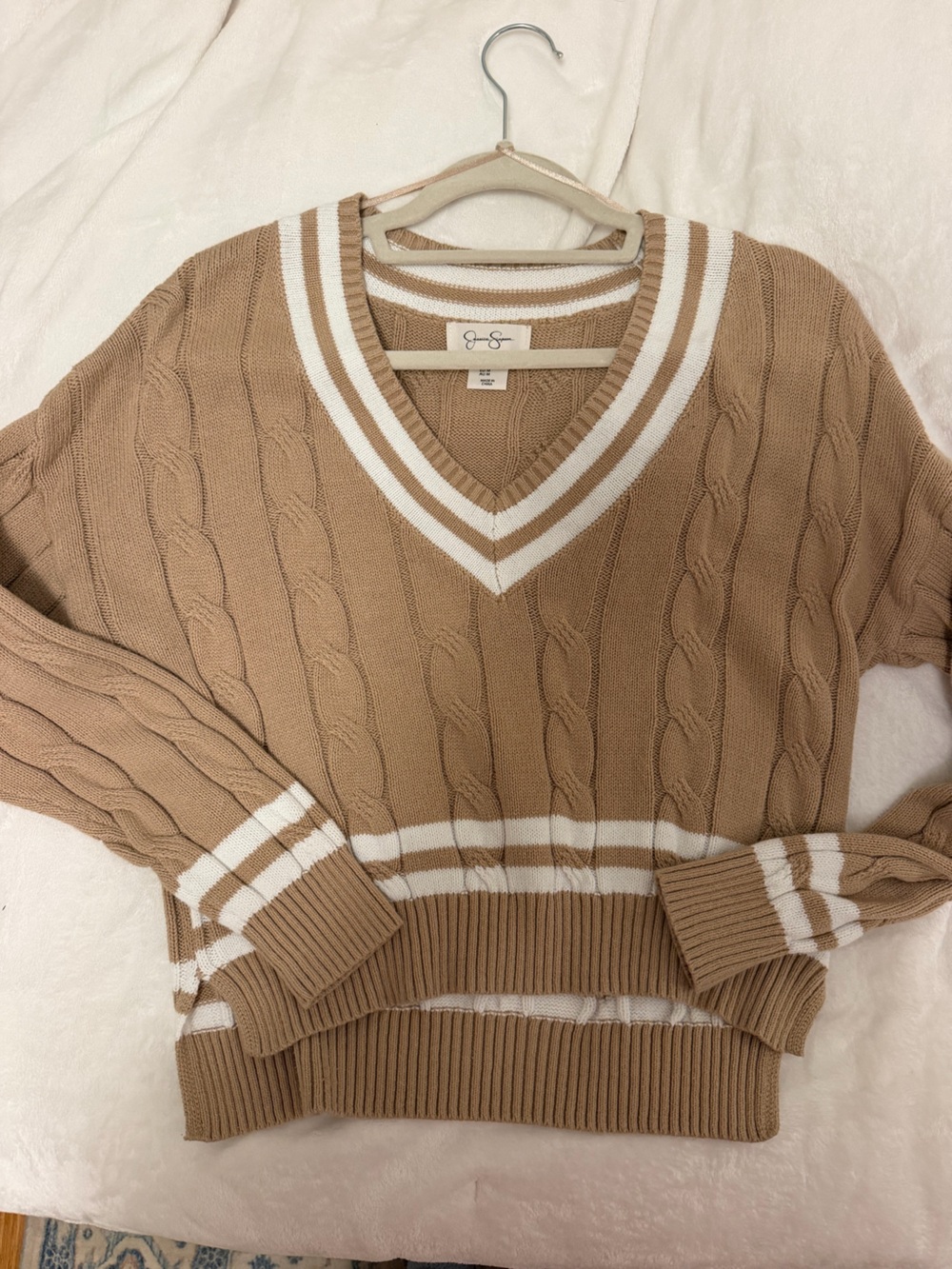 Jessica Simpson Camel and White V-Neck Cable Knit Sweater